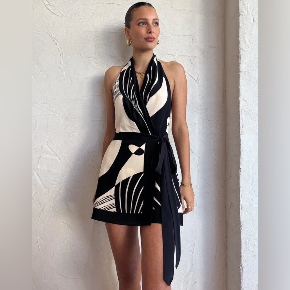 SIR the label Black & Cream Graphic Halter Wrap Mini Dress